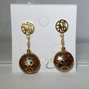 Cloisonne Gold Tone Red Blue Flower Bead Earrings